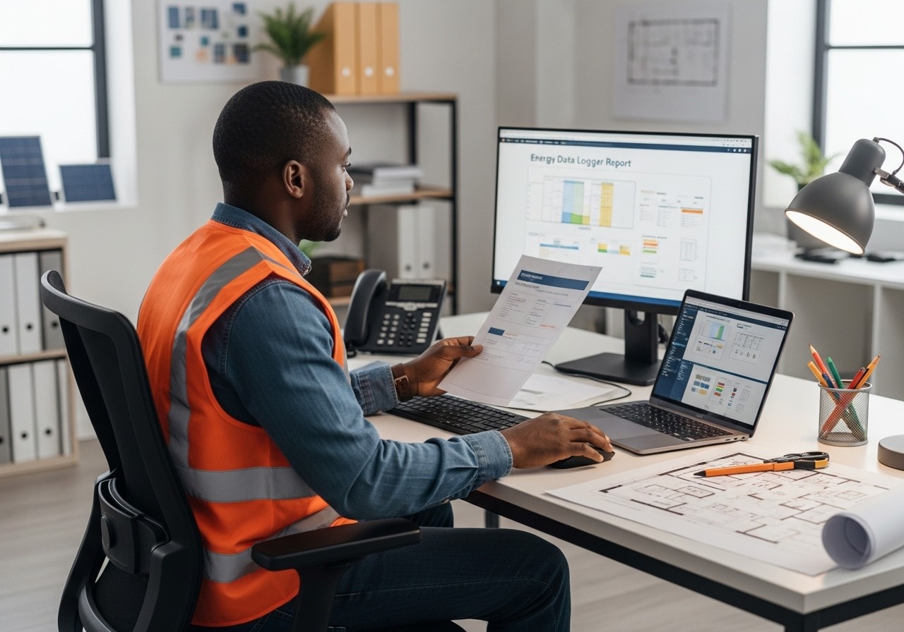 Engineer analyzing energy data logger for solar PV design in Kenya