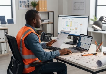 Engineer analyzing energy data logger for solar PV design in Kenya